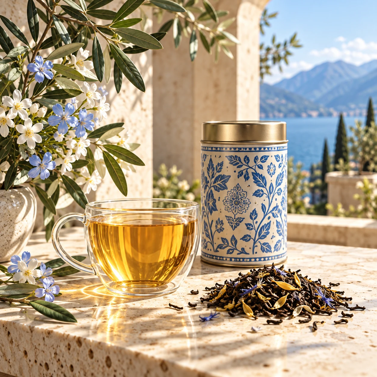 Tea service in a tranquil blue setting