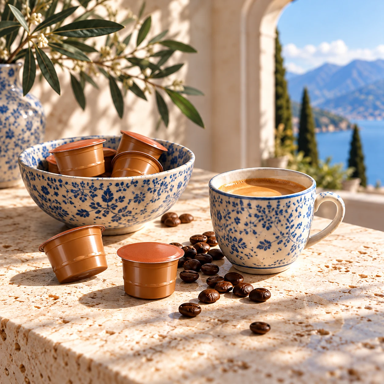 European coffee and capsules styled on stone