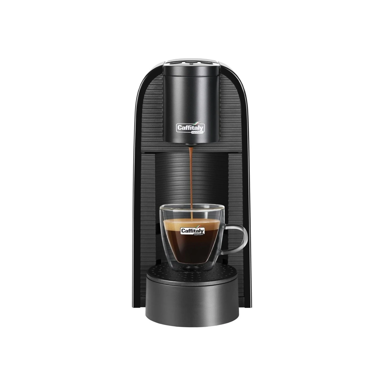 Black Caffitaly S36 brewing espresso into a glass cup, front view