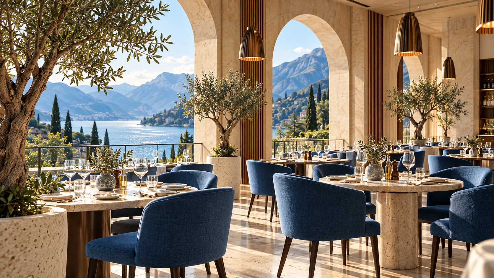 Refined hospitality coffee service in a blue interior