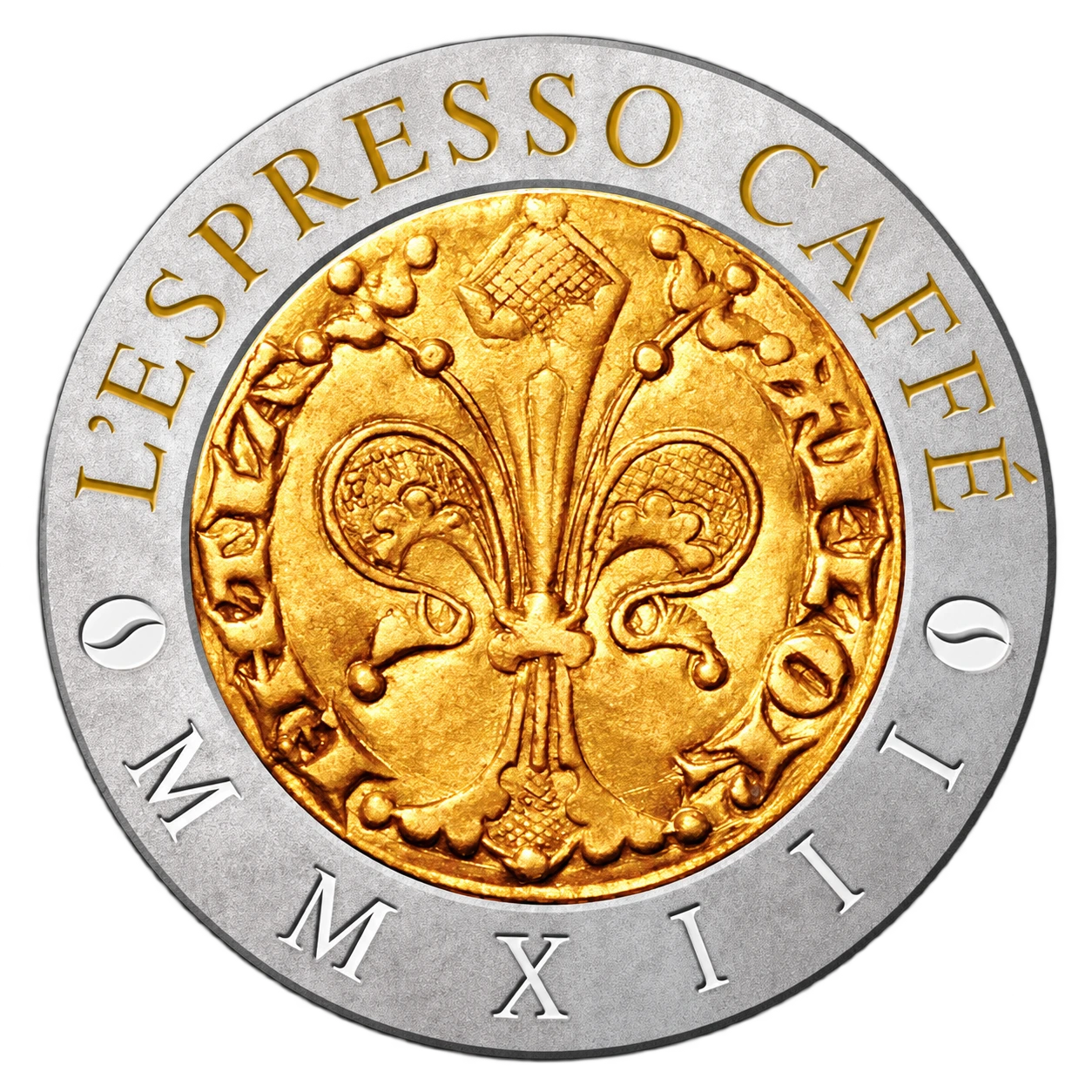 L’Espresso Caffè silver and gold fleur-de-lis emblem
